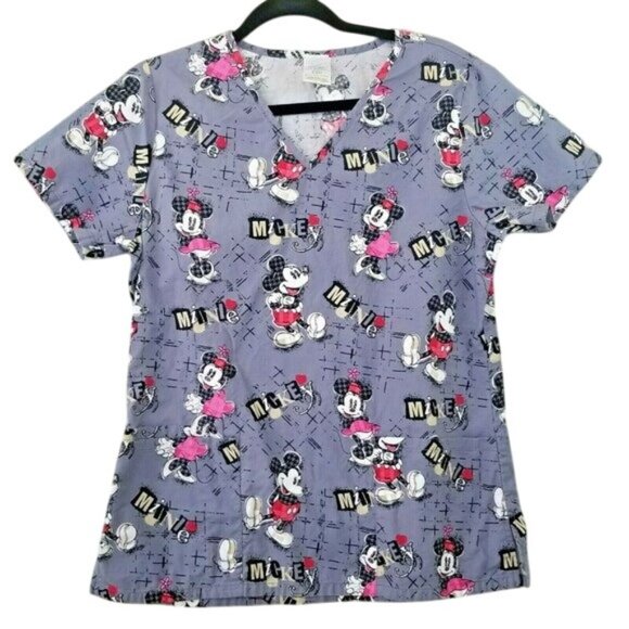 Disney Minnie Mouse Womens Scrub Top S Purple V-Neck Short Sleeves 100% Cotton C - Picture 1 of 6